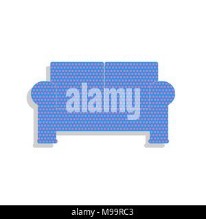 Sofa sign illustration. Vector. Neon blue icon with cyclamen polka dots pattern with light gray shadow on white background. Isolated. Stock Vector