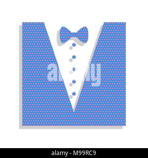 Tuxedo with bow silhouette. Vector. Neon blue icon with cyclamen polka dots pattern with light gray shadow on white background. Isolated. Stock Vector