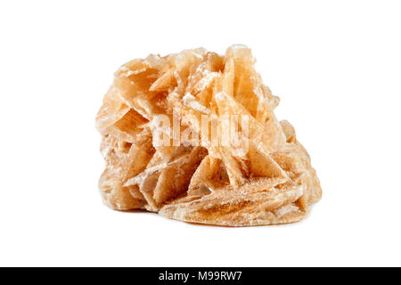 Macro shooting of natural gemstone. Mineral desert rose, Tunisia. Isolated object on a white background. Stock Photo