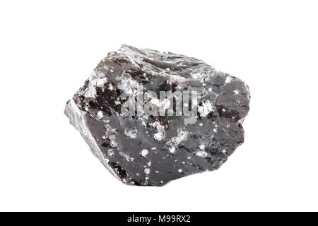 Macro shooting of natural gemstone. The raw mineral is obsidian, Indonesia. Isolated object on a white background. Stock Photo