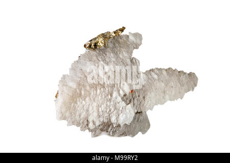 Macro shooting of natural gemstone. Raw calcite mineral with pyrite. Isolated object on a white background. Stock Photo