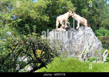 DILIJAN, ARMENIA - APRIL 30, 2017: Photo of Goat. Monument on a rock. Stock Photo