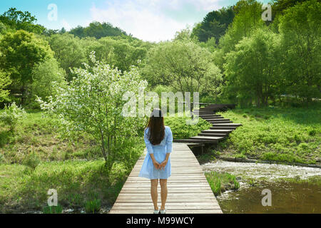 Beautiful view of nature with woman in blue skirt looking into the sky reminiscing memories of the past on a bridge that goes over a small pond. Stock Photo