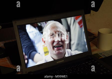 Russia, Poltavskaya village - Mart 24, 2018: Russian President Vladimir Putin on the laptop screen. Editorial illustrative. Stock Photo