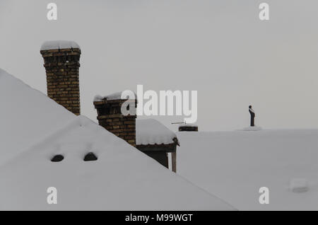 Chimneys And Roofs Beneath Snow Stock Photo