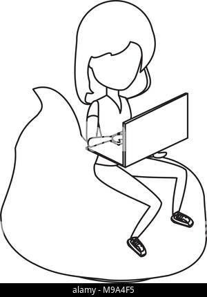 avatar woman sitting on a bean bag and using a laptop computer over white background, vector illustration Stock Vector