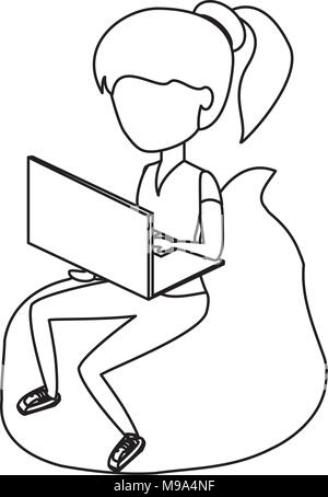 avatar woman sitting on a bean bag and using a laptop computer over white background, vector illustration Stock Vector