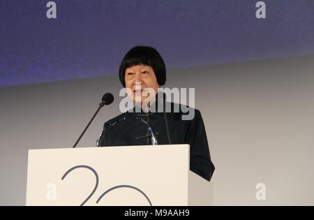 Paris, France. 22nd Mar, 2018. Chinese scientist Mee-Mann Chang speaks after being honored with the L'Oreal-UNESCO for Women in Science Awards 2018 in Paris, capital of France, on March 22, 2018. At a ceremony held at the UNESCO's headquarters in Paris on Thursday, the 82-year-old female scientist was honored for 'her pioneering work on fossil records leading to insights on how aquatic vertebrates adapted to life and land,' the United Nations Educational, Scientific and Cultural Organization (UNESCO) said. Credit: Zhang Man/Xinhua/Alamy Live News Stock Photo