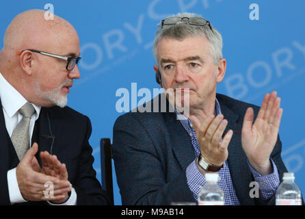 Boryspil, Ukraine. 23rd March, 2018. Ryanair's Chief Comercial Officer David O'Brien and Ryanair's Chief Executive Officer Michael O'Leary during Ryanair Press-conference at Kyiv Boryspil Airport dedicated to Ukraine's market entry. Credit: Oleksandr Prykhodko/Alamy Live News Stock Photo