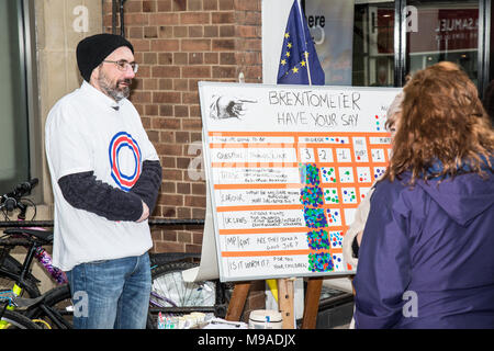 People in Shrewsbury, England, being asked about their opinion on Brexit on the future of the UK. People could place stickers on a Brexitometer board to signify their opinions on a number of matters relating the UK post Brexit. Stock Photo