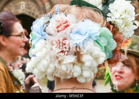 Decorative floral hat as worn by a lady in the steampunk style. Steampunk is a style of fashion that combines historical elements and anachronistic technology, often inspired by Edwardian science fiction. Peter Lopeman/Alamy Live News Stock Photo