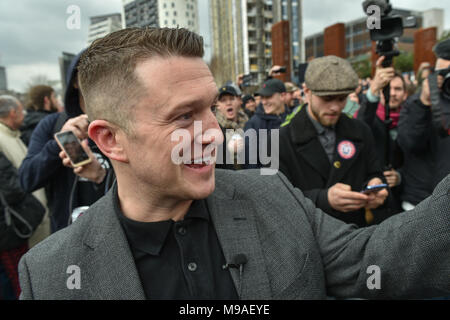 Birmingham, United Kingdom. 24 March 2018. People have gathered for the 'Football Lads Alliance' (FLA) demonstration in Birmingham. There were speeches from John Mieghan, Anne Marie Waters, Luke Nash-Jones and Aline Moraes. After a short march the group dispersed in Edgbaston St. Pictured: Tommy Robinson  Credit: Peter Manning/Alamy Live News Stock Photo