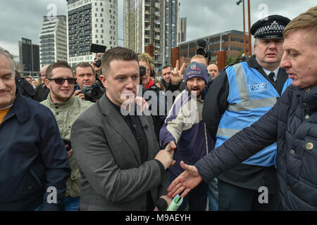 Birmingham, United Kingdom. 24 March 2018. People have gathered for the 'Football Lads Alliance' (FLA) demonstration in Birmingham. There were speeches from John Mieghan, Anne Marie Waters, Luke Nash-Jones and Aline Moraes. After a short march the group dispersed in Edgbaston St. Pictured: Tommy Robinson  Credit: Peter Manning/Alamy Live News Stock Photo