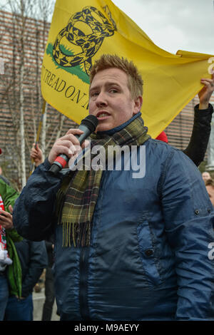 Birmingham, United Kingdom. 24 March 2018. People have gathered for the 'Football Lads Alliance' (FLA) demonstration in Birmingham. There were speeches from John Mieghan, Anne Marie Waters, Luke Nash-Jones and Aline Moraes. After a short march the group dispersed in Edgbaston St. Pictured: John Mieghan  Credit: Peter Manning/Alamy Live News Stock Photo