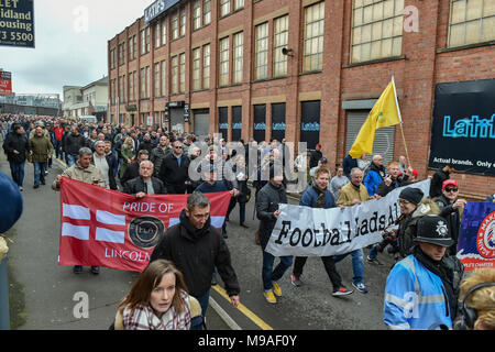 Birmingham, United Kingdom. 24 March 2018. People have gathered for the 'Football Lads Alliance' (FLA) demonstration in Birmingham. There were speeches from John Mieghan, Anne Marie Waters, Luke Nash-Jones and Aline Moraes. After a short march the group dispersed in Edgbaston St.  Credit: Peter Manning/Alamy Live News Stock Photo