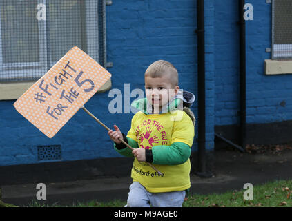 Salford, UK. 24th March, 2018. A young boy with a sign which reads 'Fight for the 5', Swinton, Salford, 20th March, 2018 (C)Barbara Cook/Alamy Live News Stock Photo