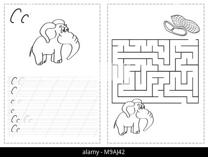 Alphabet letters tracing worksheet with russian alphabet letters - elephant Stock Vector