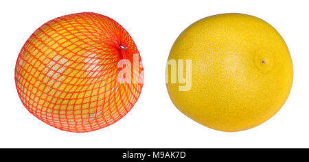 Close-up of two pomelos. Citrus grandis. Tropical citrus fruits with yellow peel and wrapped in plastic orange net. Isolated on white background. Stock Photo