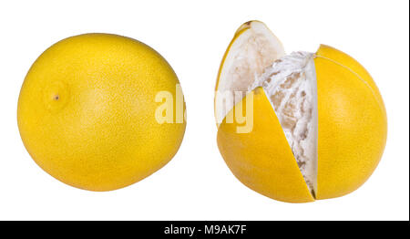 Close-up of two pomelos. Citrus grandis. Tropical citrus fruits with yellow peel, whole or partly cut open and peeled. Isolated on white background. Stock Photo