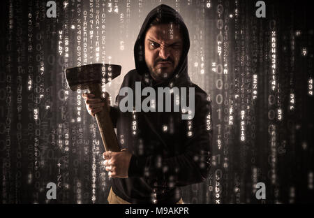 Masked and armed anonymous hacker breaking in cyber security cloud data concept  Stock Photo