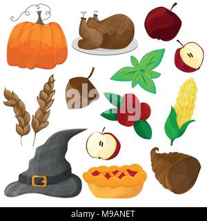 Happy Thanksgiving and halloween cartoon character and objects Stock Vector