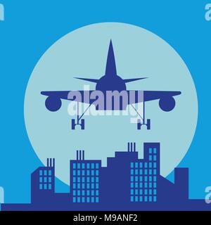 plane in front of big city silhouette, flat style illustration Stock Vector