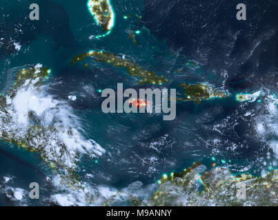 Country of Jamaica in red on planet Earth with clouds at night. 3D illustration. Elements of this image furnished by NASA. Stock Photo