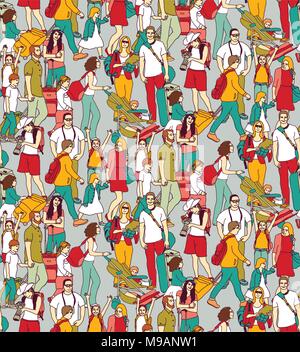 People travel luggage crowd seamless pattern. Stock Vector