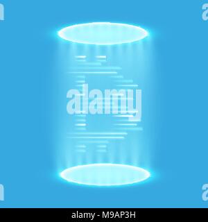 Bitcoin teleportation. Bitcoin mining, conceptual illustration.. Digital money. Concept design of cryptocurrency. Sign bitcoin on blue background with generation particles energy. Vector illustration. Stock Vector