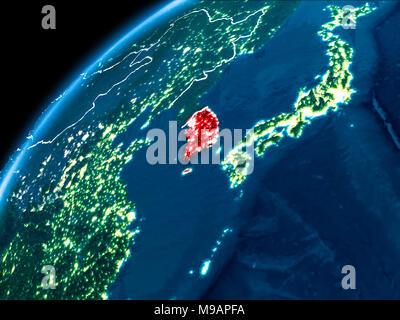 Orbit view of South Korea highlighted in red on planet Earth. 3D ...