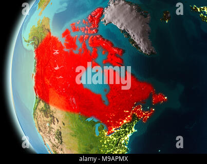 Illustration of Canada as seen from Earth’s orbit in late evening. 3D illustration. Elements of this image furnished by NASA. Stock Photo