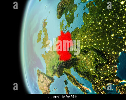 Illustration of Germany as seen from Earth’s orbit in late evening. 3D illustration. Elements of this image furnished by NASA. Stock Photo