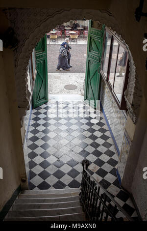Spanish Colonial Architecture (El Ensanche), Mohamed V avenue from an interior hallway, Tetouan. Morocco Stock Photo