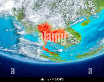 Thailand highlighted in red on planet Earth with clouds. 3D illustration. Elements of this image furnished by NASA. Stock Photo