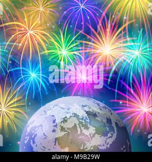 Earth in space with fireworks Stock Vector