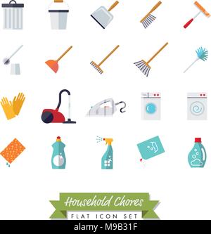 Collection of 20 flat design household chores Icons on white background Stock Vector
