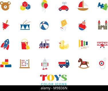 Collection of colored childrens toys vector icons on white background Stock Vector