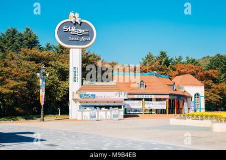 Gwacheon, Korea - November 1, 2016 : Seoul Land amusement park and autumn maple tree Stock Photo