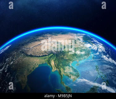 Earth viewed from space with focus on Asia. Detailed 3D render against dark starry night sky (Elements of this render furnished by NASA)