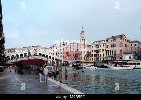 View along Riva del Vin towards the Rialto Bridge on a pleasant day in March. Venice, Italy Stock Photo
