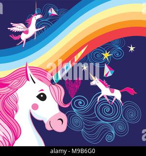 Vector bright poster with a rainbow and unicorns on a dark blue background Stock Vector