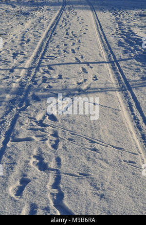 tire tracks and footprints in snow Stock Photo
