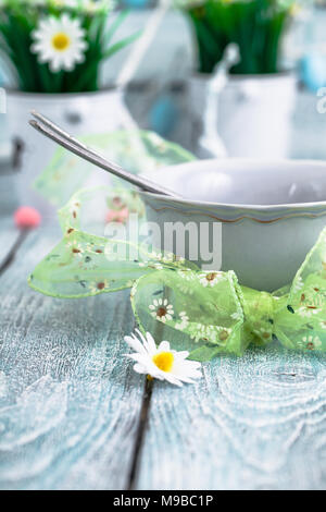Easter table place setting. Easter table in a rustic vintage style. Stock Photo