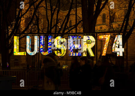 Muensterplatz, Basel, Switzerland - February 20th, 2018. Basel carnival. One special lantern of a carnival group called luuser Stock Photo