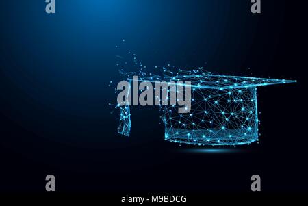 Abstract Graduation cap form lines and triangles, point connecting network on blue background. Illustration vector Stock Vector