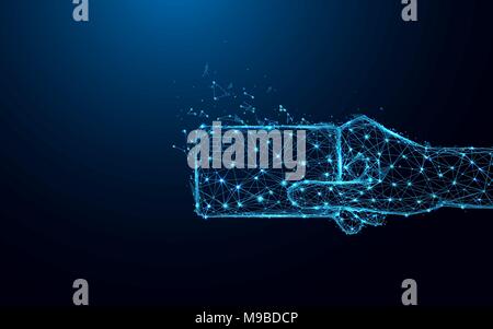 Abstract hand holding credit card form lines and triangles, point connecting network on blue background. Illustration vector Stock Vector