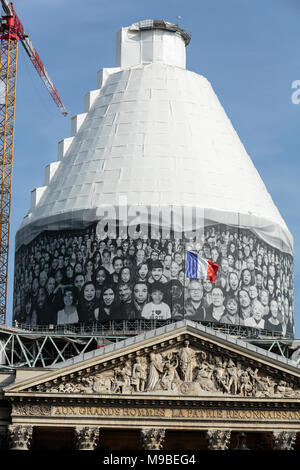 Paris - The pediment of Pantheon against the background of repaired dome.  Construction of the building started in 1757 and was finished in 1791 Stock Photo