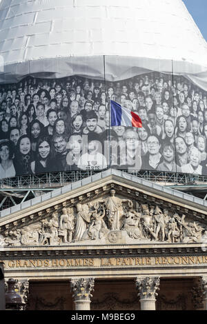 Paris - The pediment of Pantheon against the background of repaired dome.  Construction of the building started in 1757 and was finished in 1791 Stock Photo