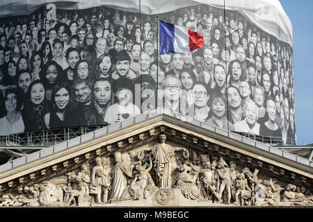 Paris - The pediment of Pantheon against the background of repaired dome.  Construction of the building started in 1757 and was finished in 1791 Stock Photo