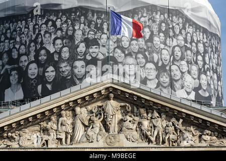 Paris - The facade of Pantheon against the background of repaired dome.  Construction of the building started in 1757 and was finished in 1791 Stock Photo